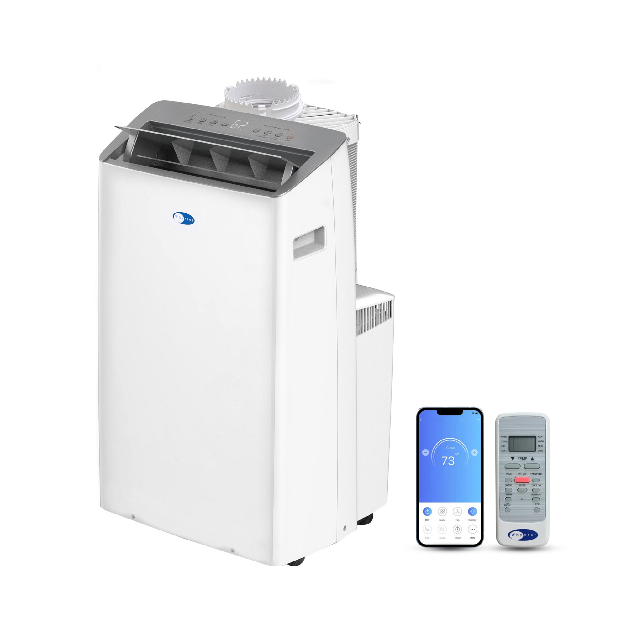 Whynter ARC-1230WN portable air conditioner with phone and remote, angled front view