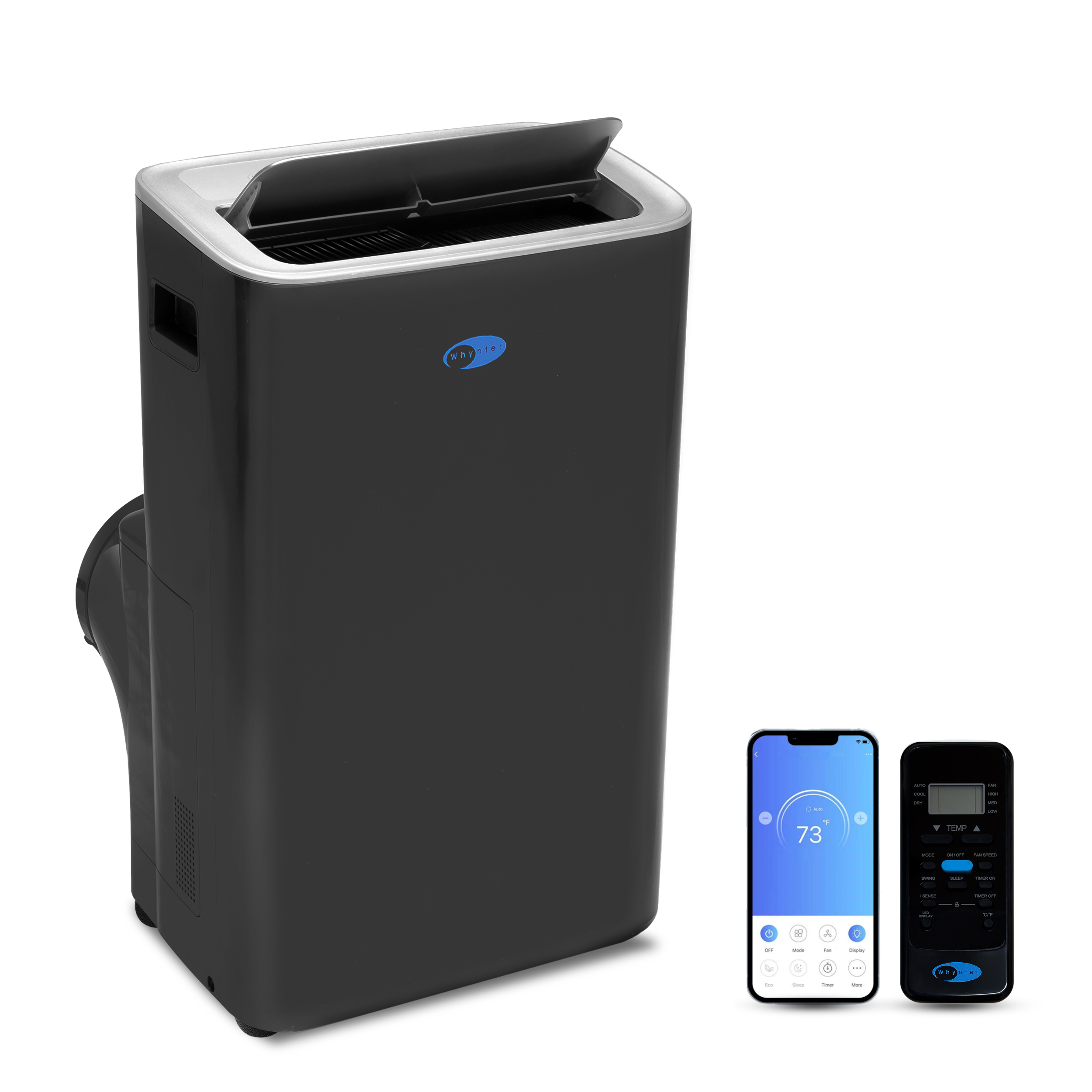 Black Whynter ARC-1280MX NEX portable air conditioner with phone and remote against a white background