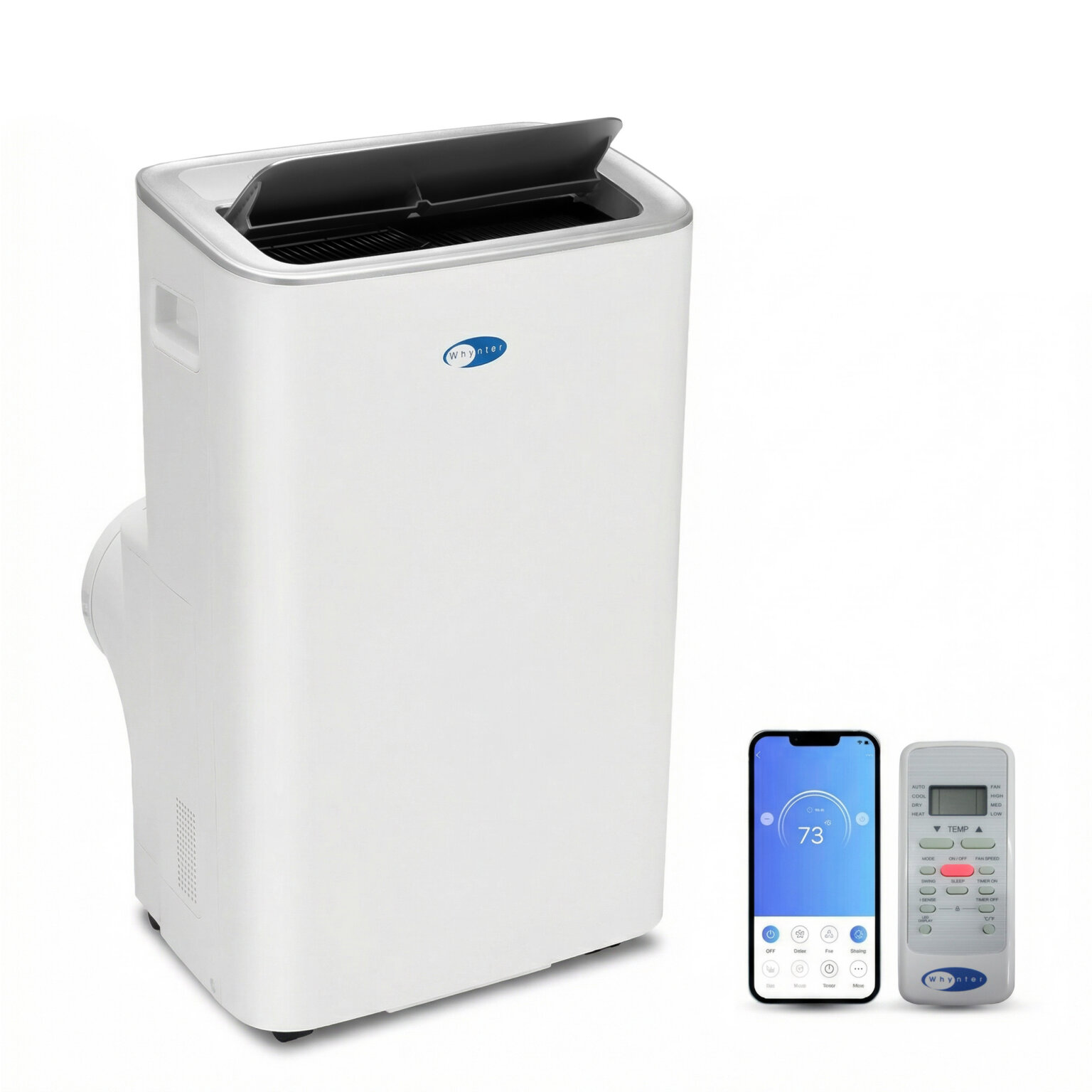 White Whynter ARC-1280WX NEX portable air conditioner with phone and remote against a white background