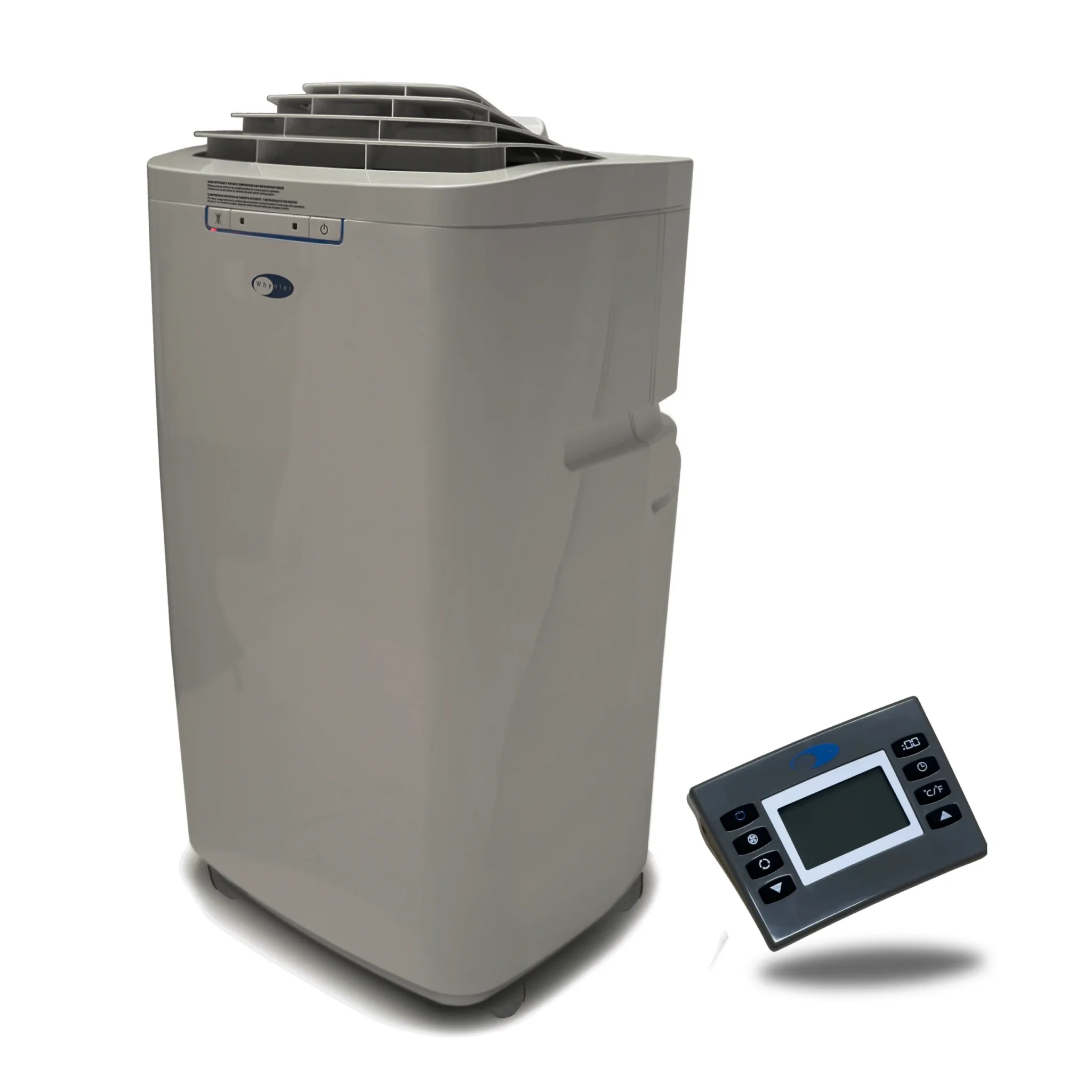 Gray Whynter ARC-131GD cabinet with remote control on white background